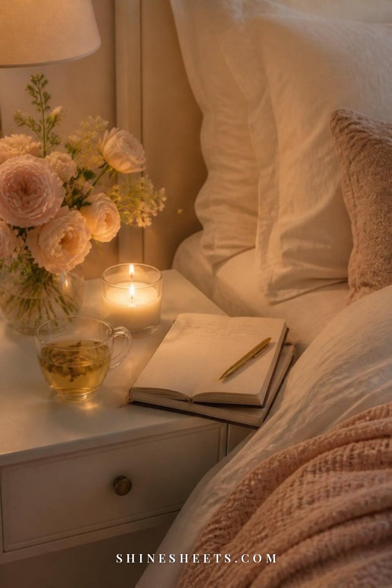 A lit candle in a clear glass jar, a cup of evening tea and an open journal with soft scribbles on a cream bedside table