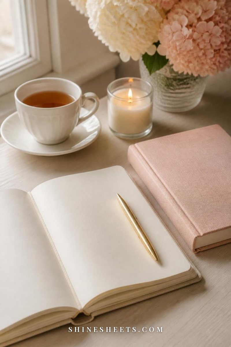 Open linen notebook with blank pages, a gold pen and a cup of tea on a cream desk in soft morning light