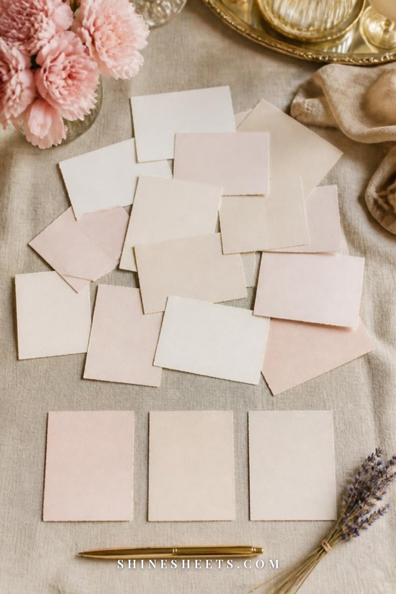Small blank cream and blush cards spread on a linen tablecloth with three cards set apart and a gold pen beside them