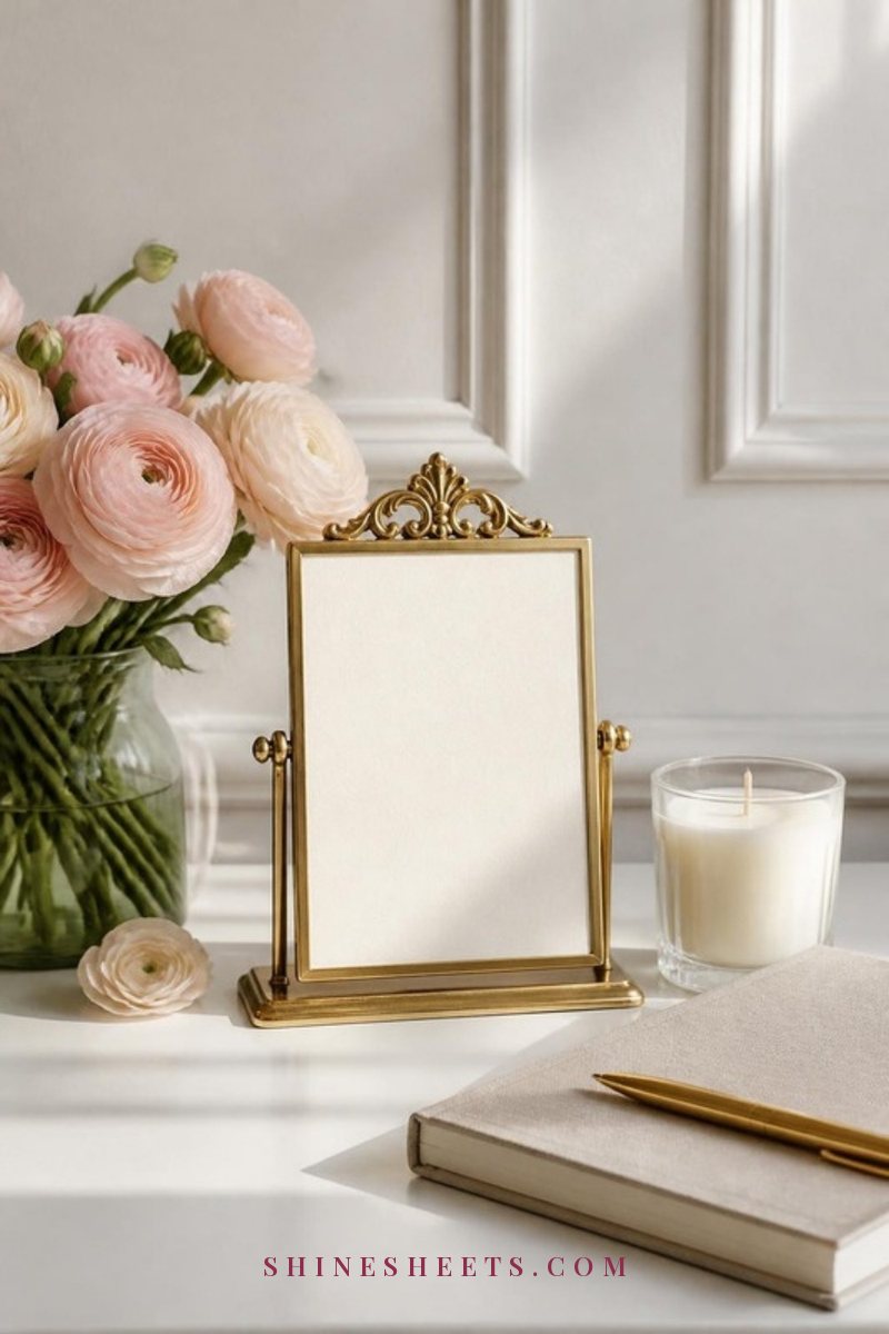 Small gold desk frame holding a blank cream card next to a glass candle and a linen notebook on a white desk