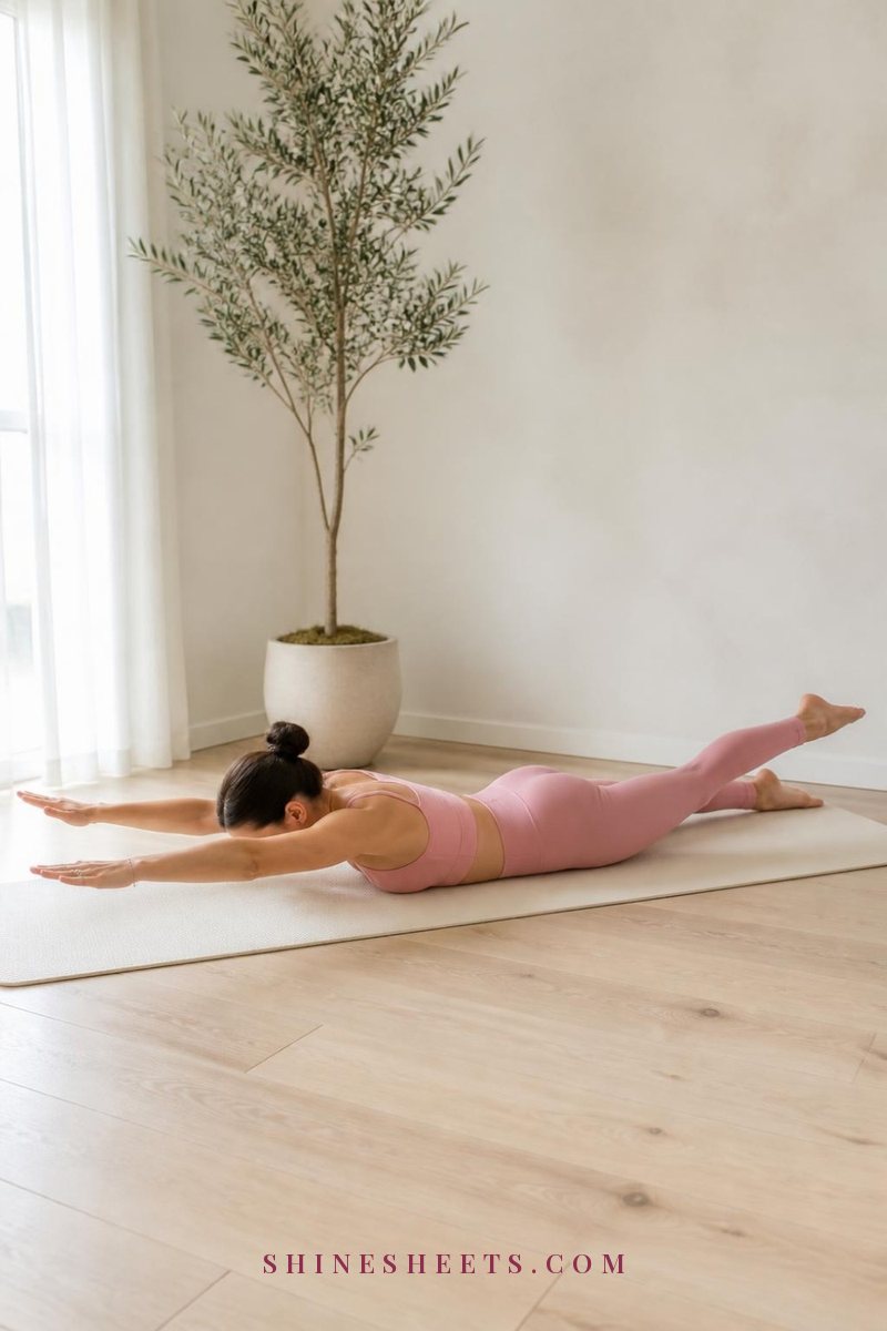 Woman in blush activewear doing a modified pilates swimming exercise lying face down on a mat