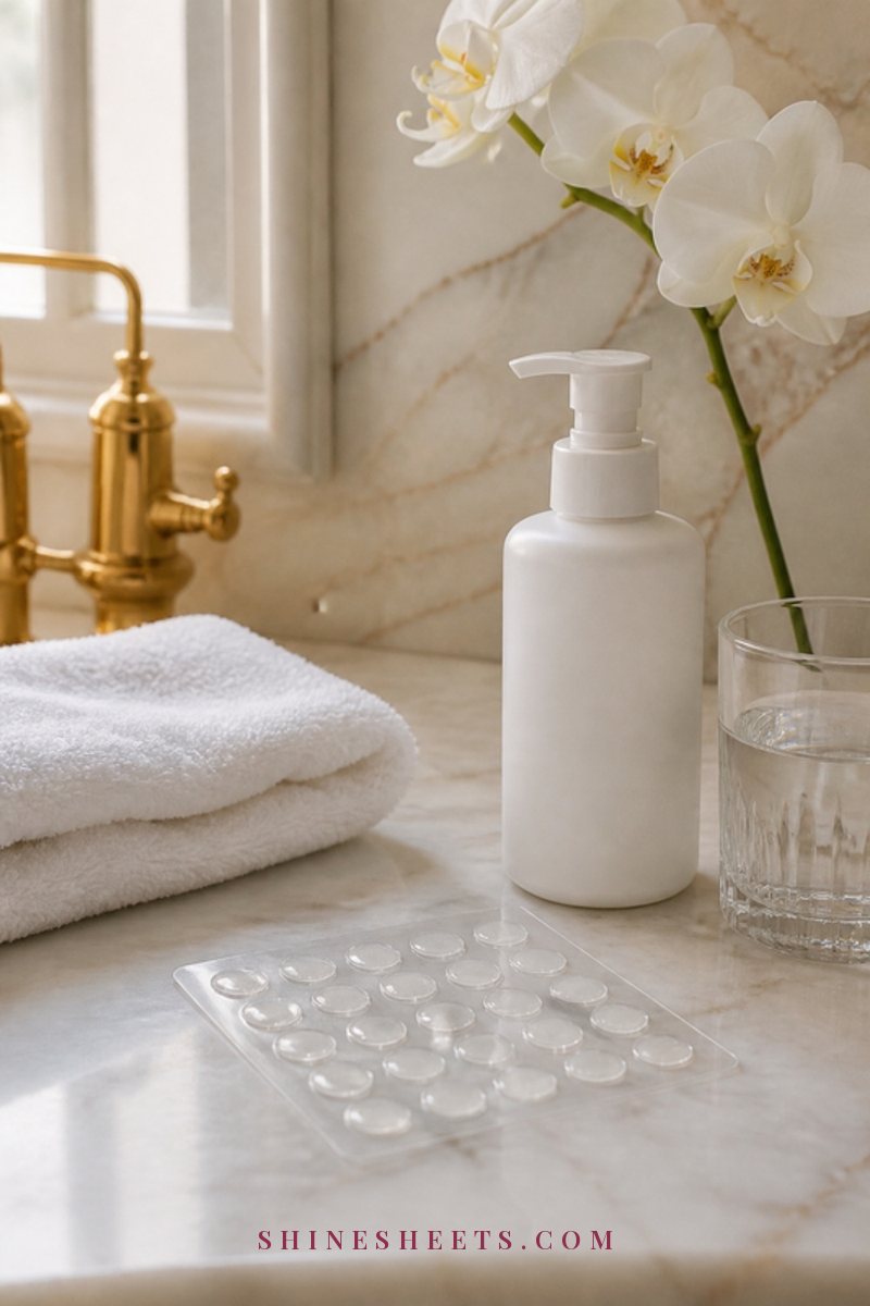 Cream bathroom vanity with a gentle cleanser, a soft white towel and a sheet of round pimple patches