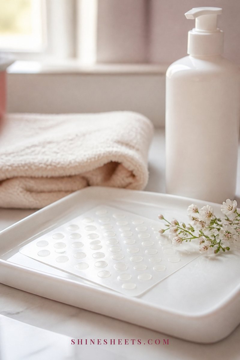 Small round clear pimple patches on a white tray next to a cream towel and a gentle cleanser bottle
