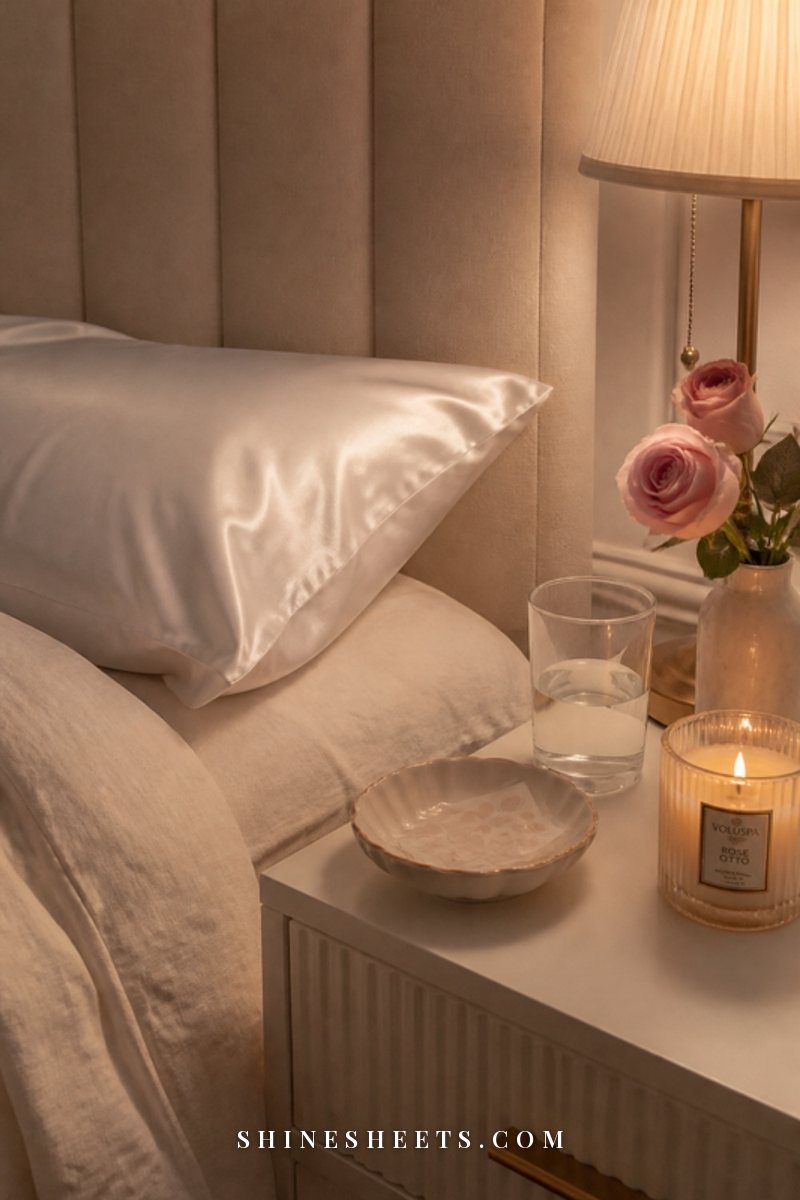 White silk pillowcase on a made bed with a small dish of pimple patches and a glass of water on the nightstand