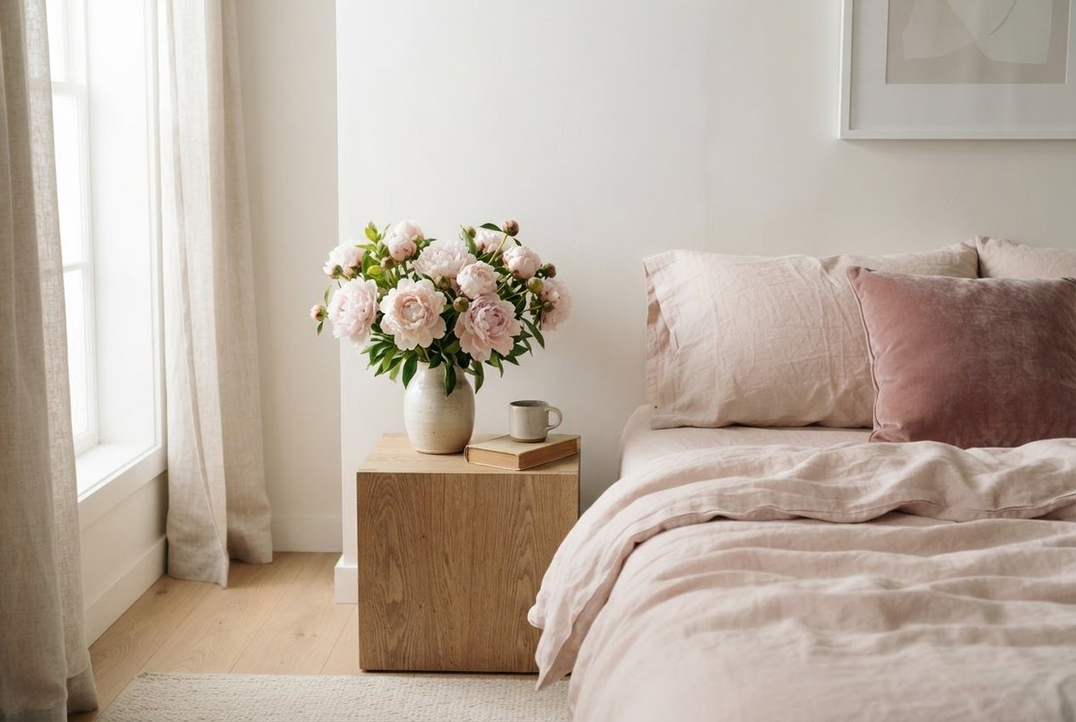 Blush linen bedding, a dusty pink velvet cushion and a vase of pale pink peonies on a white oak bedside table in soft daylight