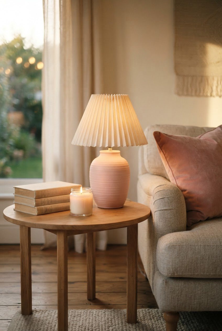 Pastel pink ceramic table lamp, a stack of cream books and a glass candle on a white oak side table with a blush velvet cushion nearby