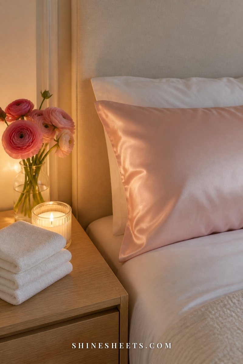 A neatly made bed with a fresh blush pillowcase, a stack of folded white face towels and a small glass candle on a nightstand