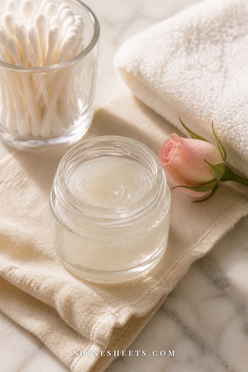 Small open jar of clear healing ointment on a cream linen napkin next to cotton swabs in a glass cup