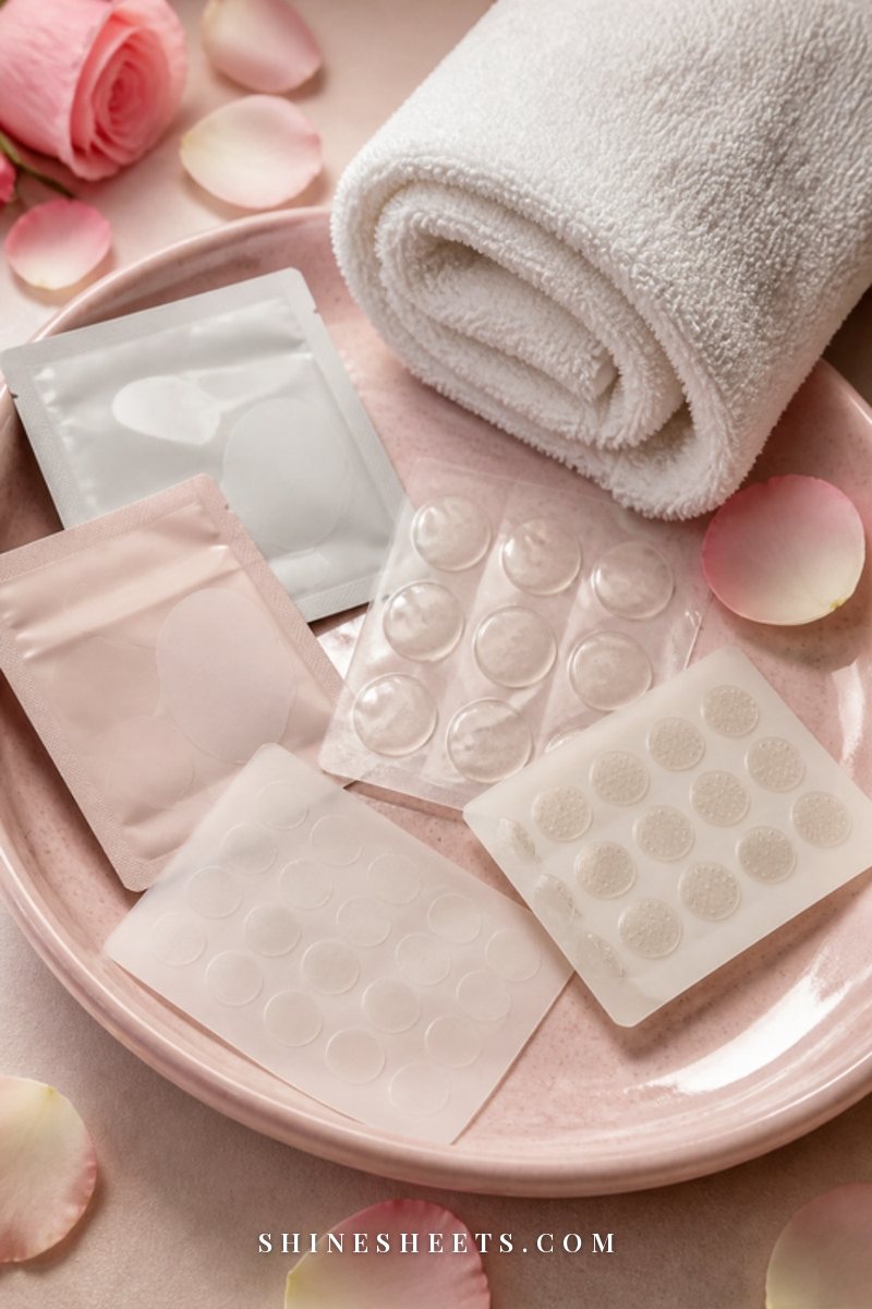 Three clear pimple patches, a cream ointment tin and a white washcloth arranged on soft beige linen