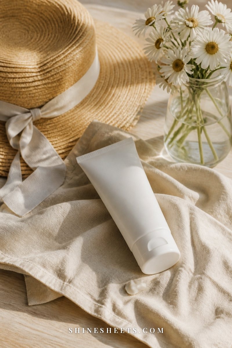 White sunscreen tube without label beside a straw hat and a glass of water on a sunny cream windowsill