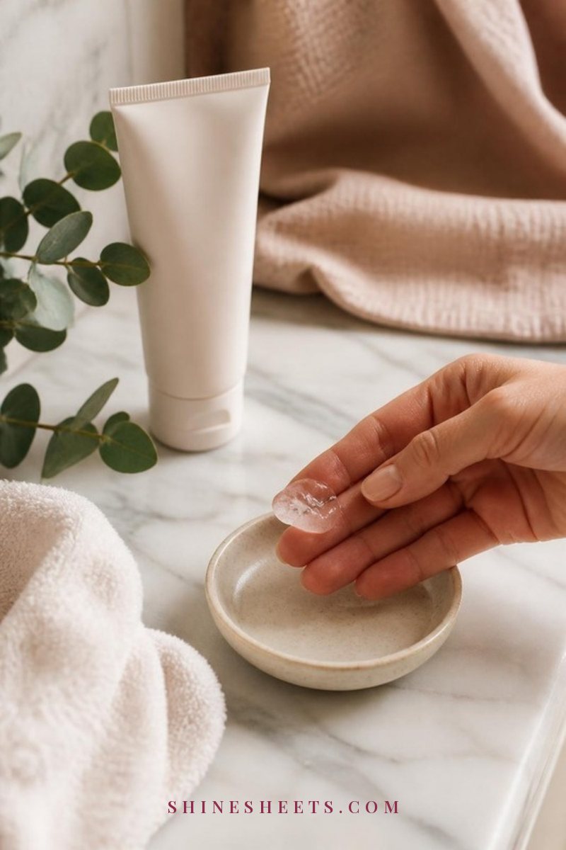 Clear gel cleanser squeezed onto fingertips beside a cream ceramic dish and a folded white face towel on a marble vanity