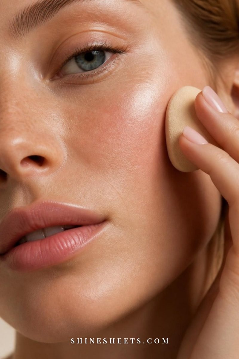 Close-up of a woman's nose and cheek with smooth, softly blurred skin and a satin makeup finish in warm daylight