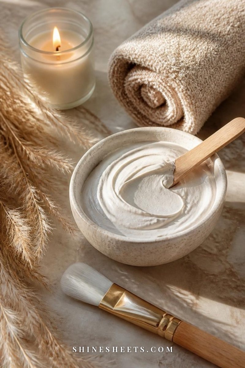 Cream ceramic bowl of soft white clay mask with a wooden spatula and a small flat brush on a beige linen towel