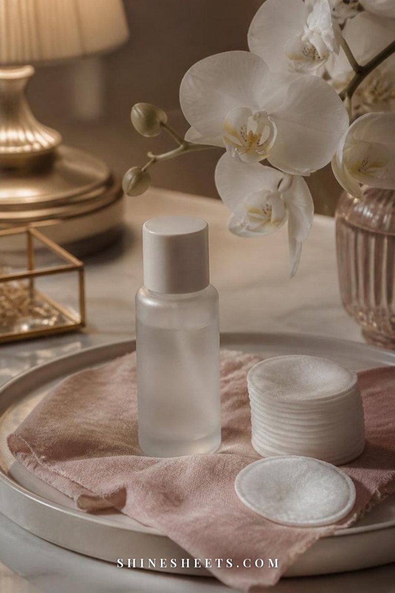 Small glass bottle of clear liquid exfoliant with cotton pads on a blush linen cloth next to a white orchid