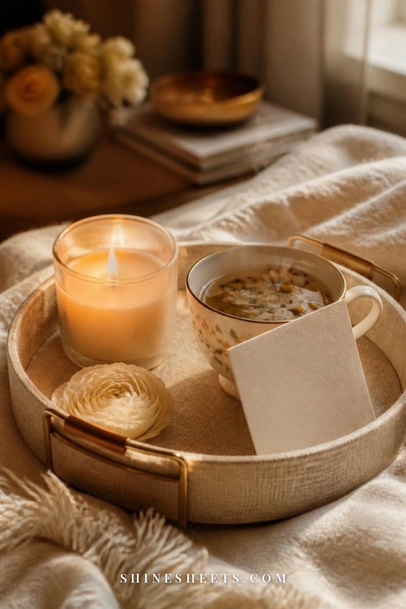 Lit glass candle, a cup of tea and a small blank card on a beige linen tray in soft evening light