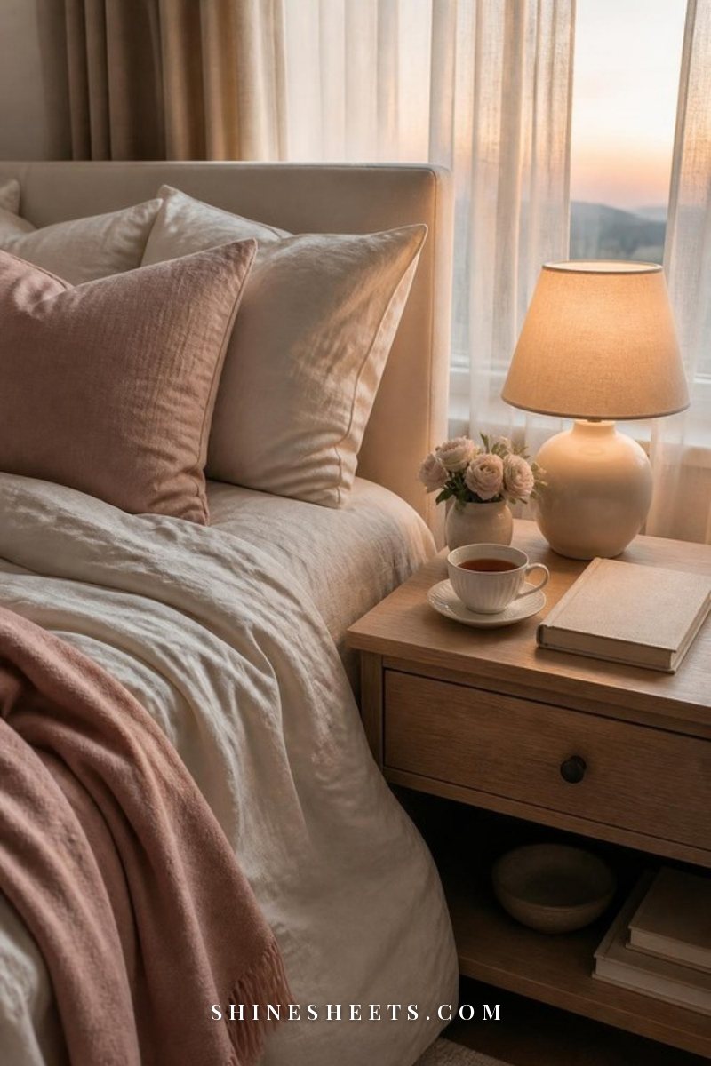 Made bed with cream linen bedding, a closed journal and a cup of tea on a wooden nightstand at dusk
