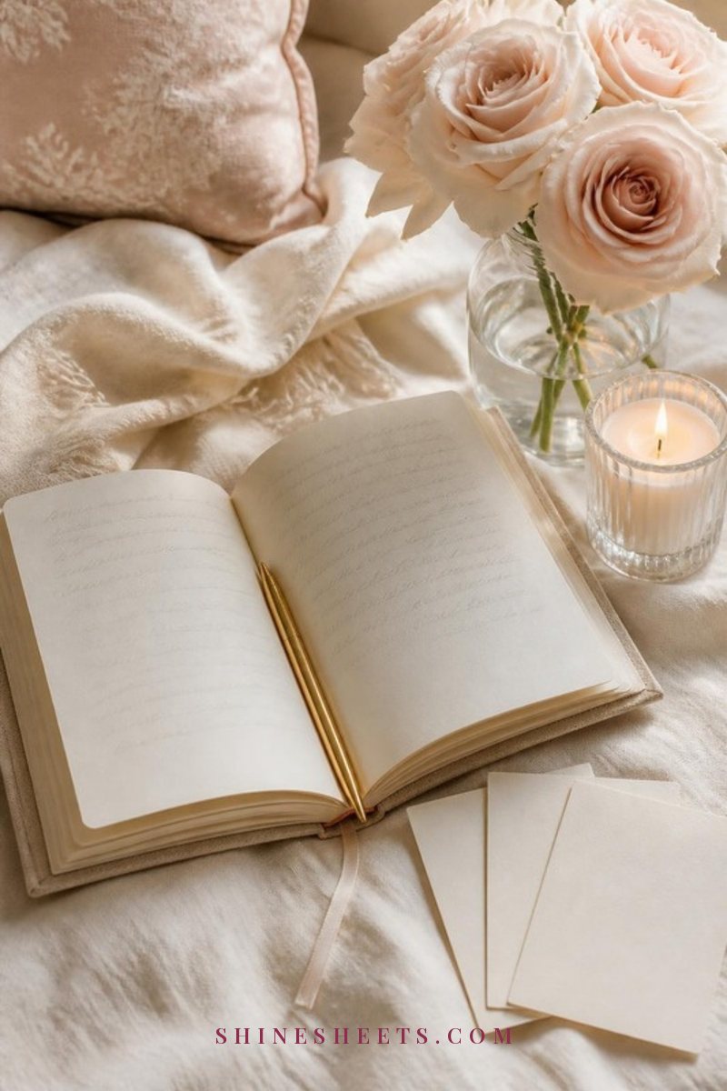 Open linen journal with a gold pen, blank affirmation cards and a glass candle on a cream bedspread