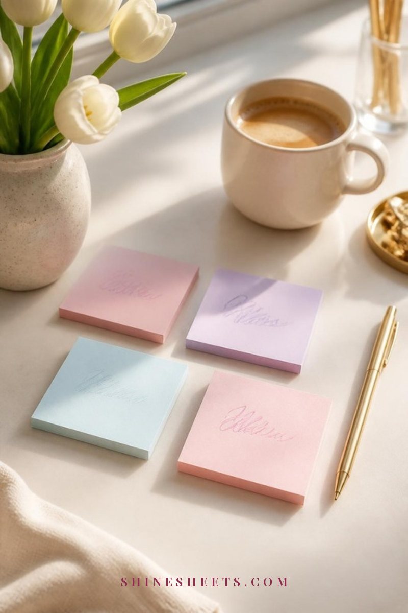 Pastel pink, lavender and baby blue sticky notes with soft illegible handwriting on a white desk beside a cup of coffee
