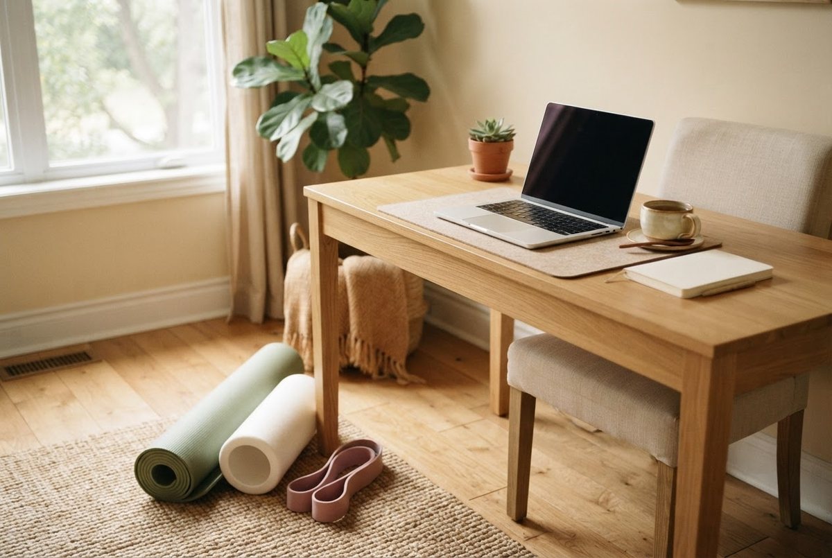 Rolled sage yoga mat, a white foam roller and a pastel resistance band beside a tidy desk with a laptop and a cup of tea in soft morning light