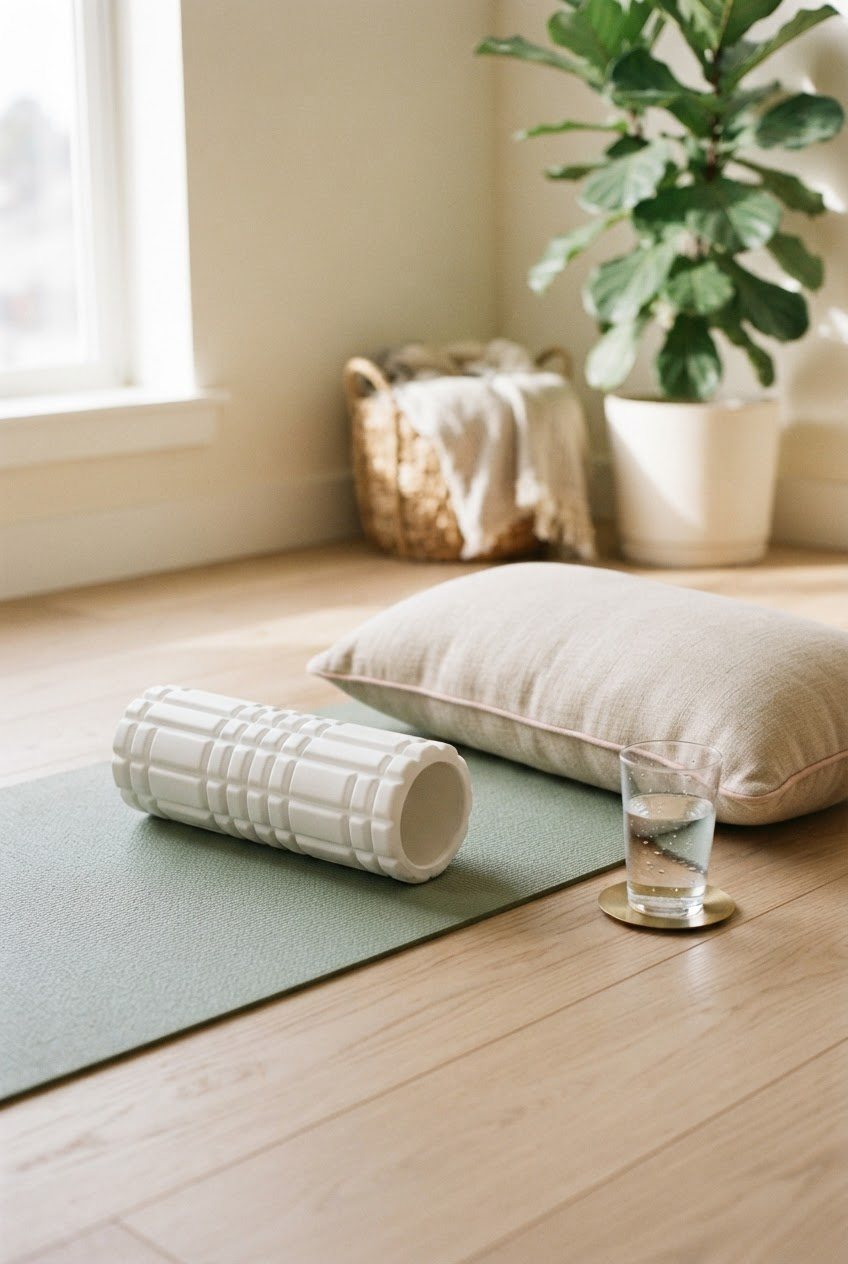 White foam roller resting on a sage yoga mat next to a beige lumbar pillow and a glass of water on a light wooden floor