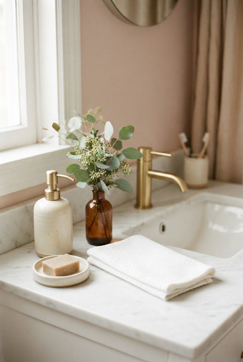 Clean bathroom counter with a cream ceramic soap dispenser, folded white waffle hand towel and a small vase of eucalyptus