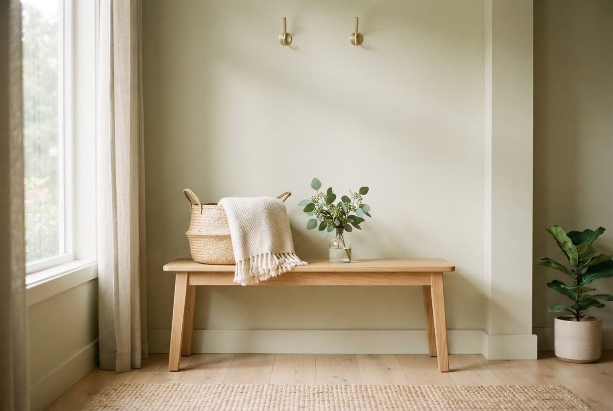 Tidy entryway with a woven basket, a folded cream throw and a small vase of eucalyptus on a light wooden bench
