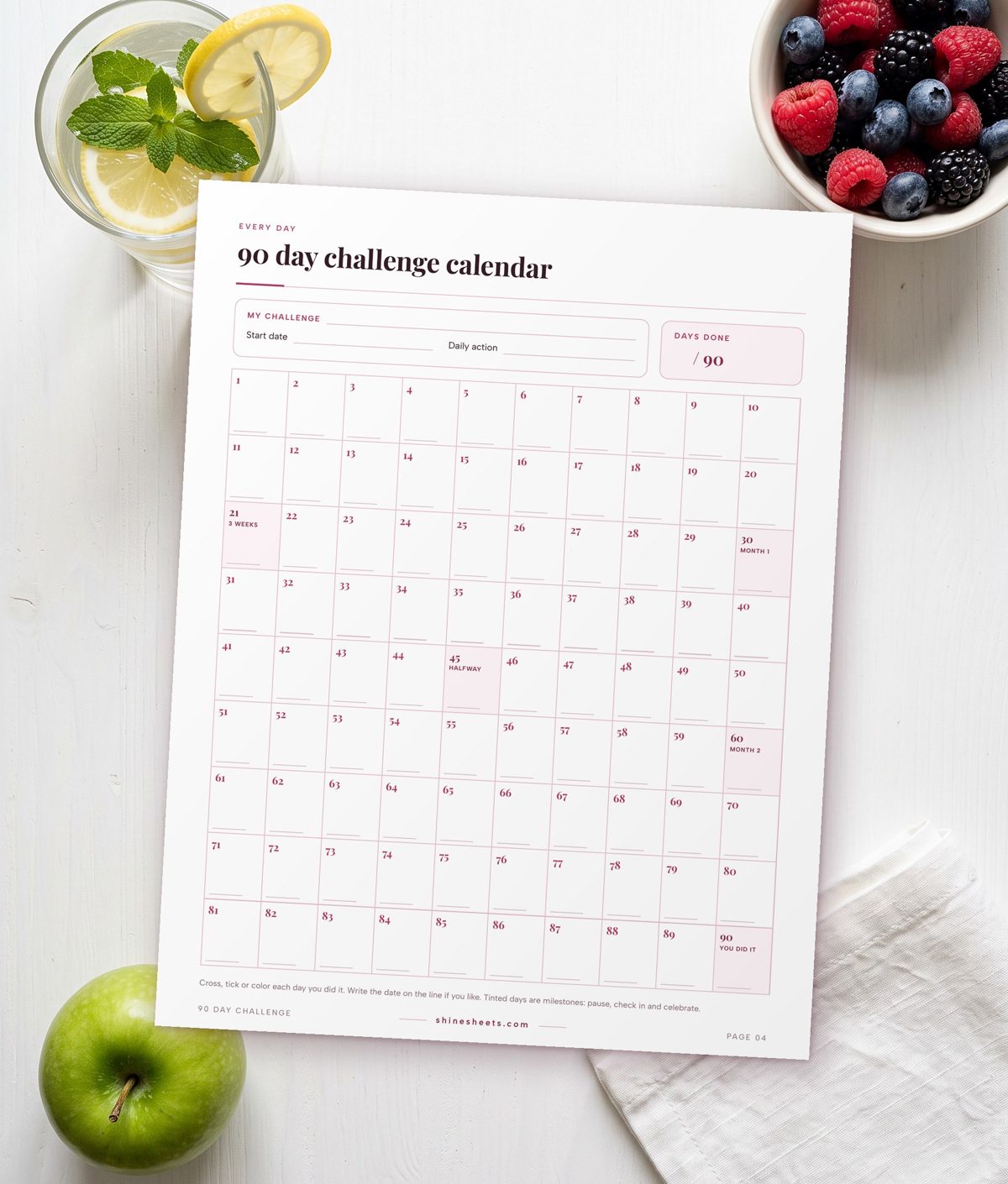 Printable challenge tracker with 90 numbered days