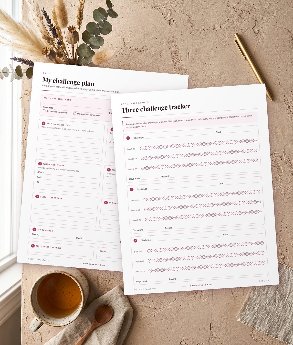 Challenge plan and three challenge tracker printable pages
