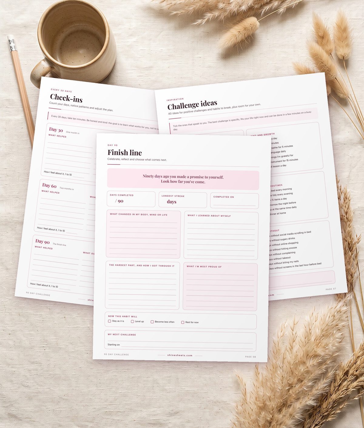 Challenge check-ins, ideas and finish line printable pages