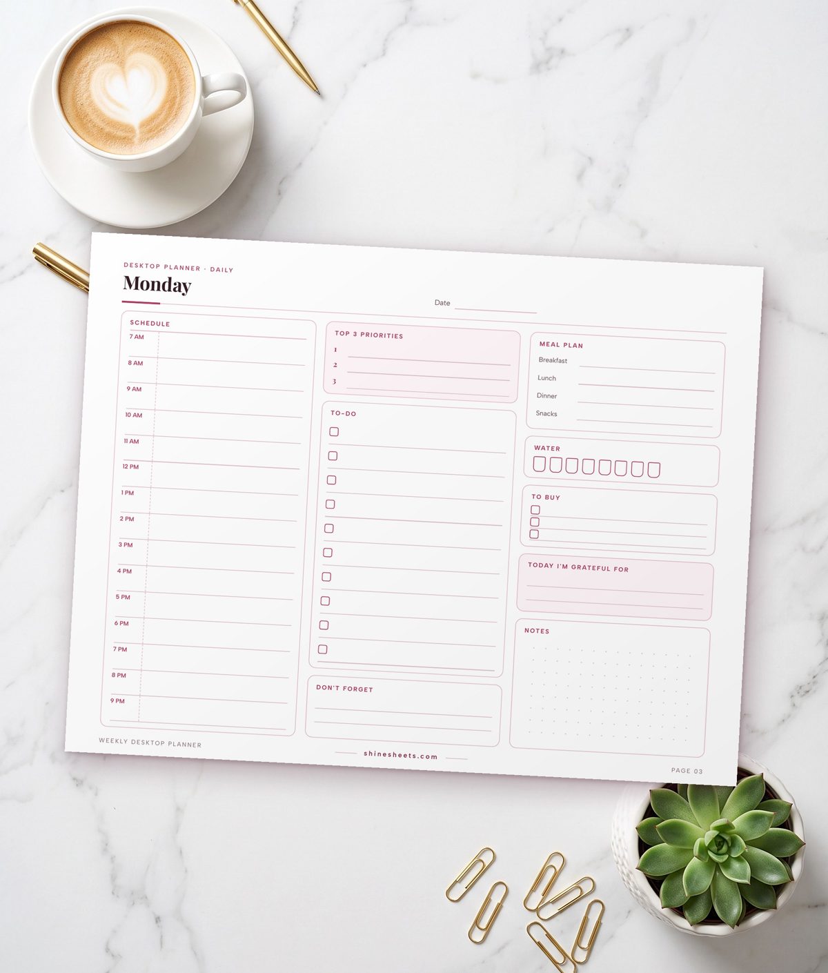 Daily desktop planner page with schedule, to-do list, meals and water tracker