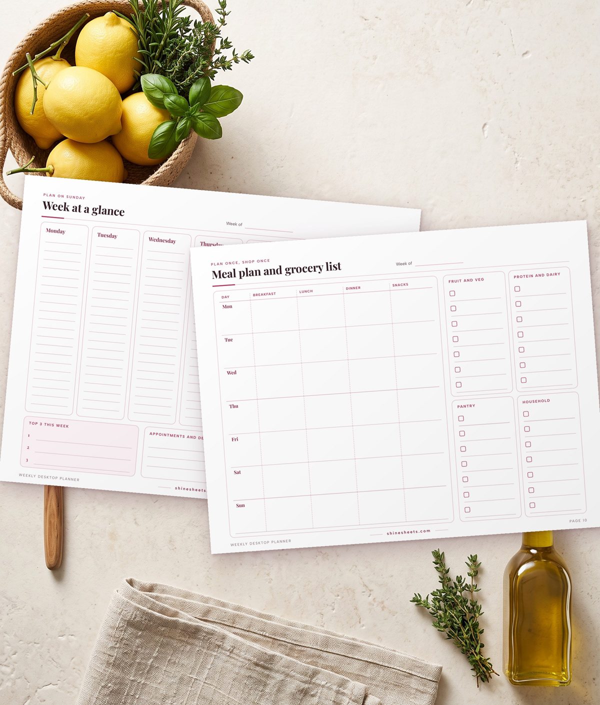 Week at a glance and weekly meal plan with grocery list printable