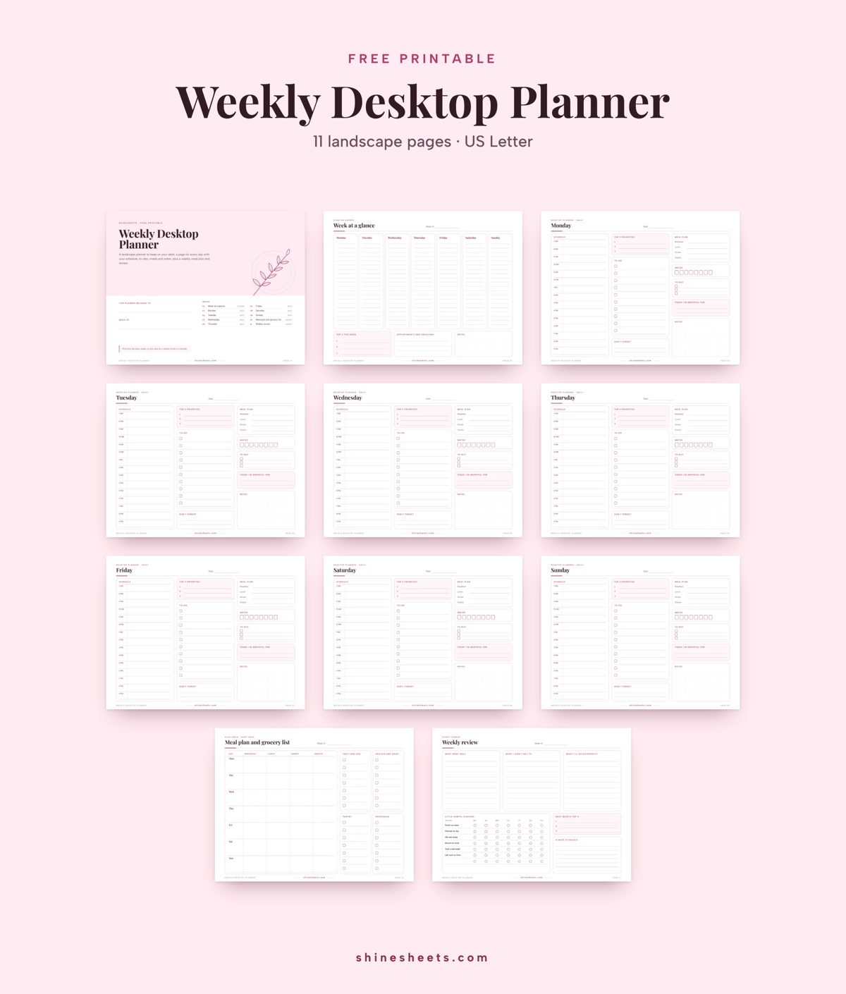 All 11 pages of the free weekly desktop planner