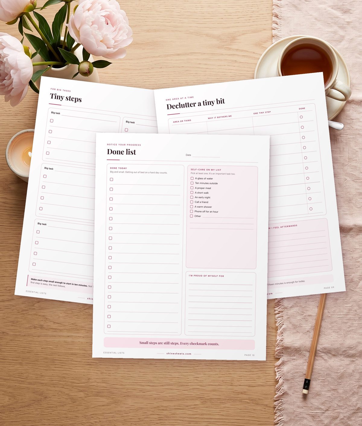 Tiny steps, declutter a tiny bit and done list printable pages