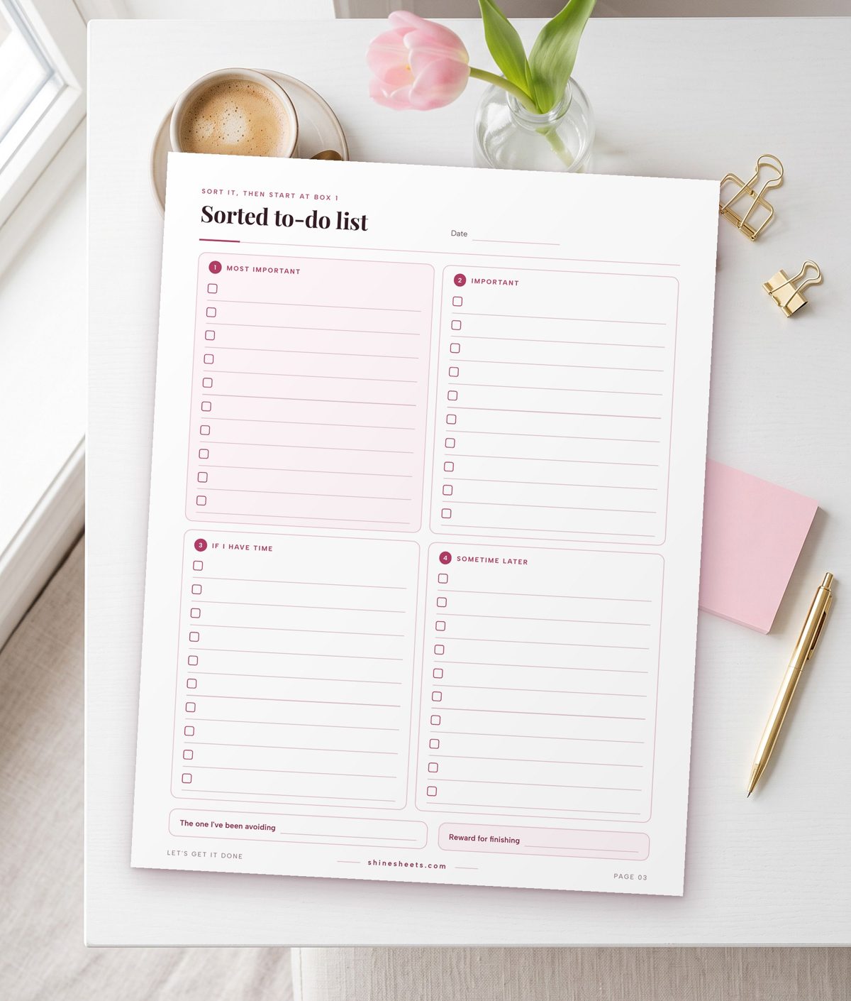 Sorted to do list printable with four priority boxes