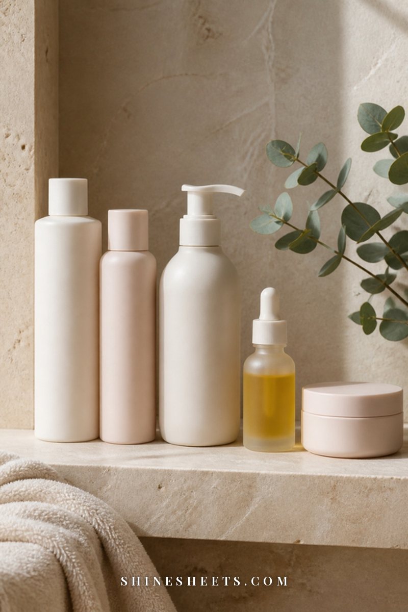 Cream and blush hair care jars and bottles without labels arranged on a travertine bathroom shelf with a eucalyptus sprig