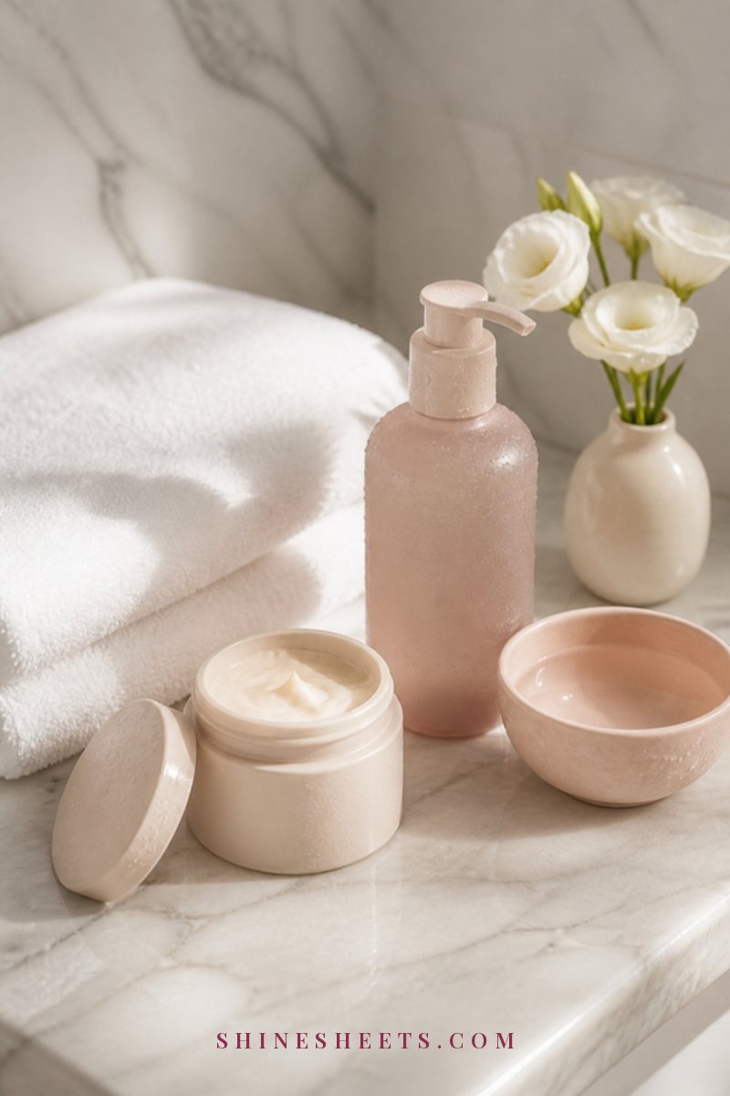 Folded white towel, a frosted glass shampoo bottle without labels and a small blush bowl of water on a marble bathroom counter