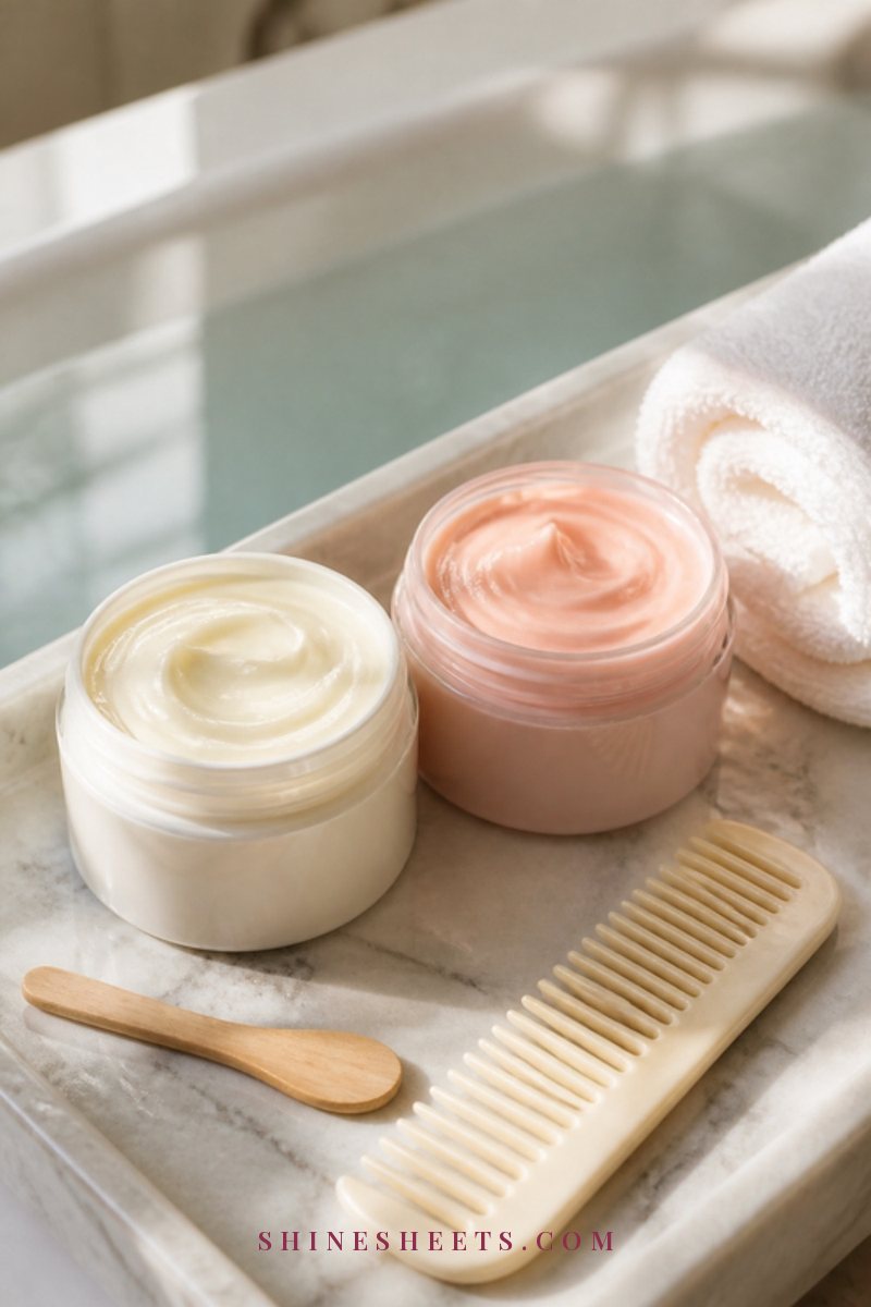 Two hair mask jars in cream and blush on a white marble bath tray with a rolled white towel and a wide tooth comb