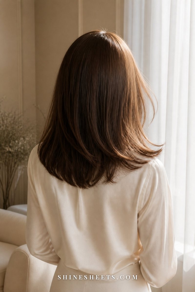 Woman seen from behind with soft, shiny, healthy shoulder-length hair in warm natural light in a cream room