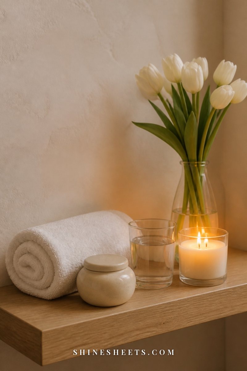 Calm bathroom shelf with a white towel, a small cream jar, a glass of water and a vase of white tulips in soft light