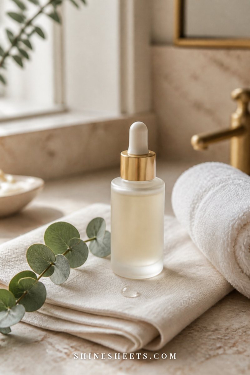 Small glass serum bottle with a dropper on a cream linen cloth beside a white towel and a sprig of eucalyptus