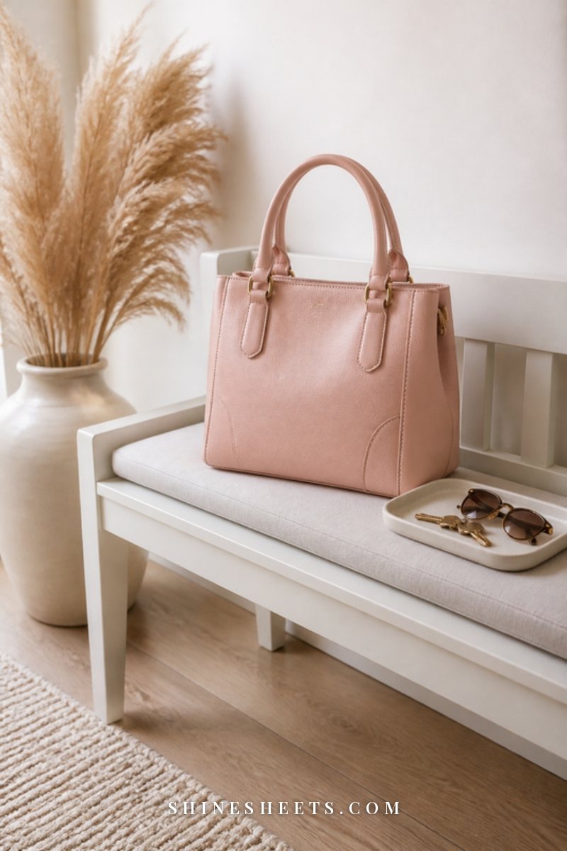 Blush leather everyday handbag resting on a white entryway bench beside a small ceramic tray and a vase of dried flowers