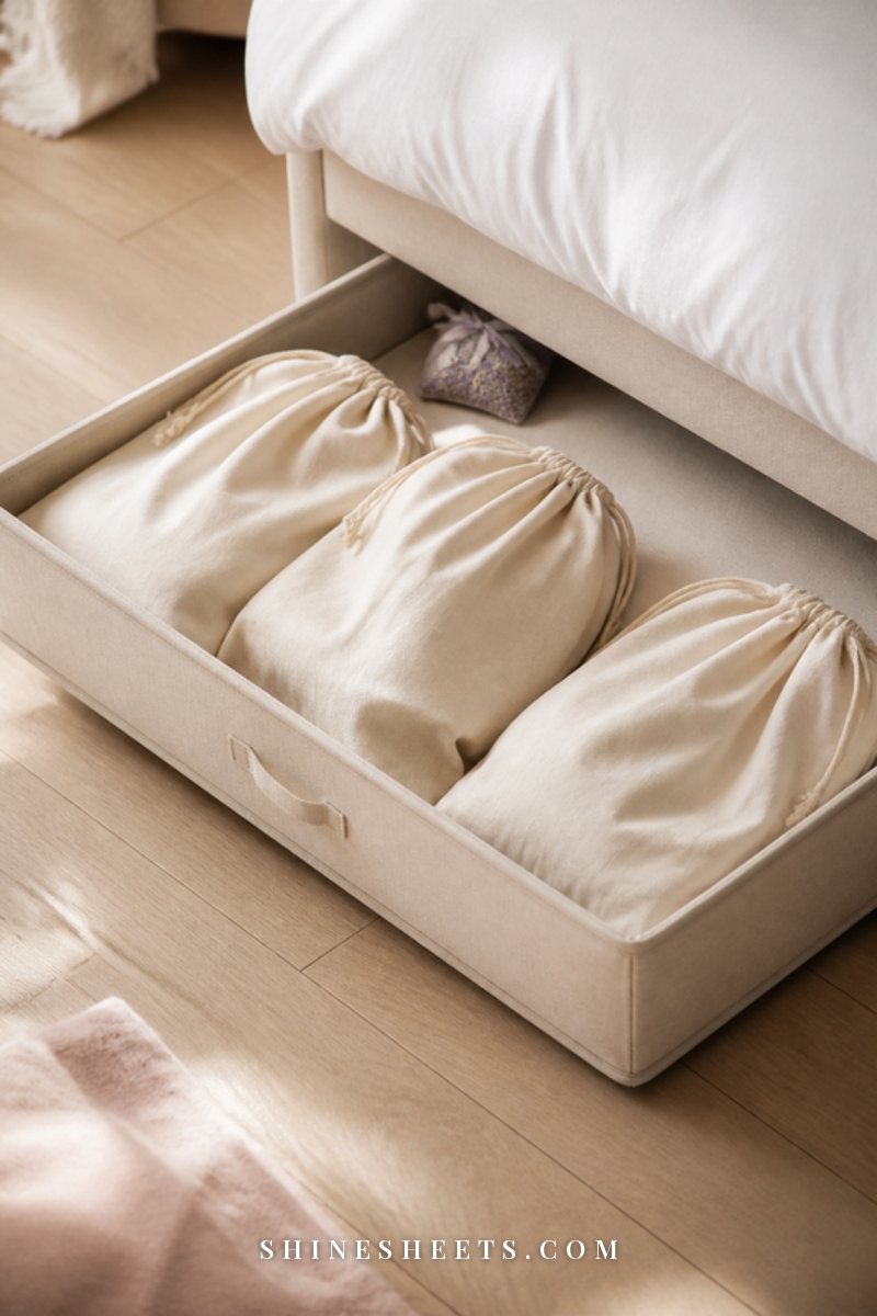Low beige fabric storage box with a clear lid holding handbags in cream dust bags beside a bed with white linen