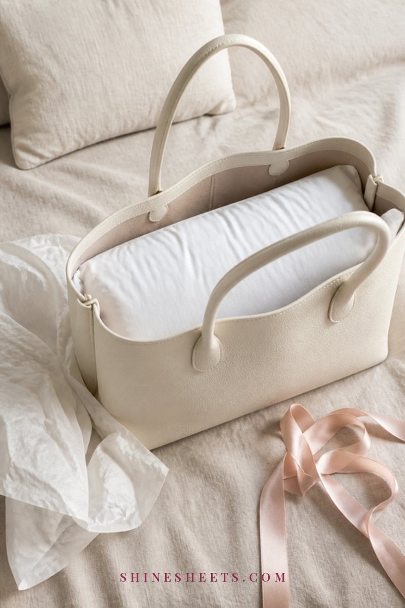 Open cream leather tote filled with a soft white pillow shaper on a beige linen surface beside folded tissue paper