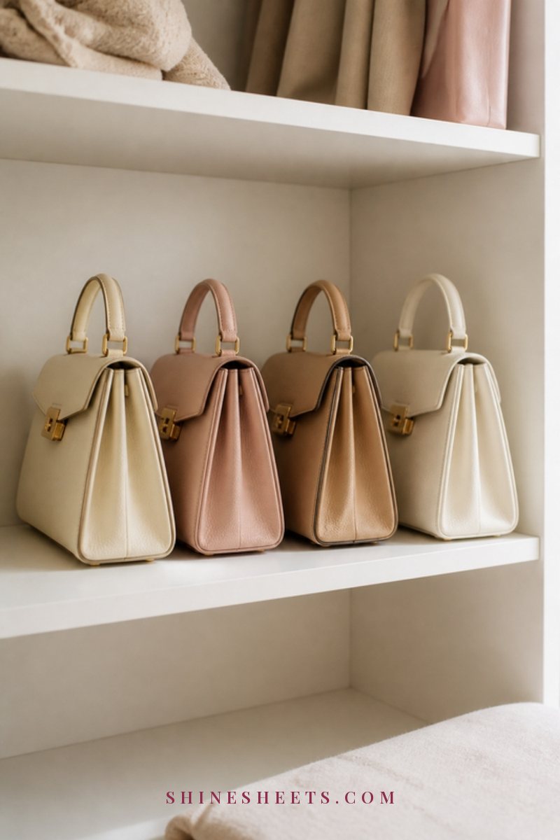 Structured handbags in cream, blush and tan leather standing upright on a white closet shelf with space between each bag