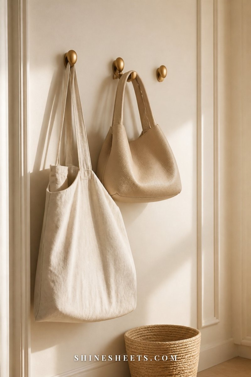 Sturdy canvas tote and a thick-handled leather bag hanging from gold wall hooks on a cream wall