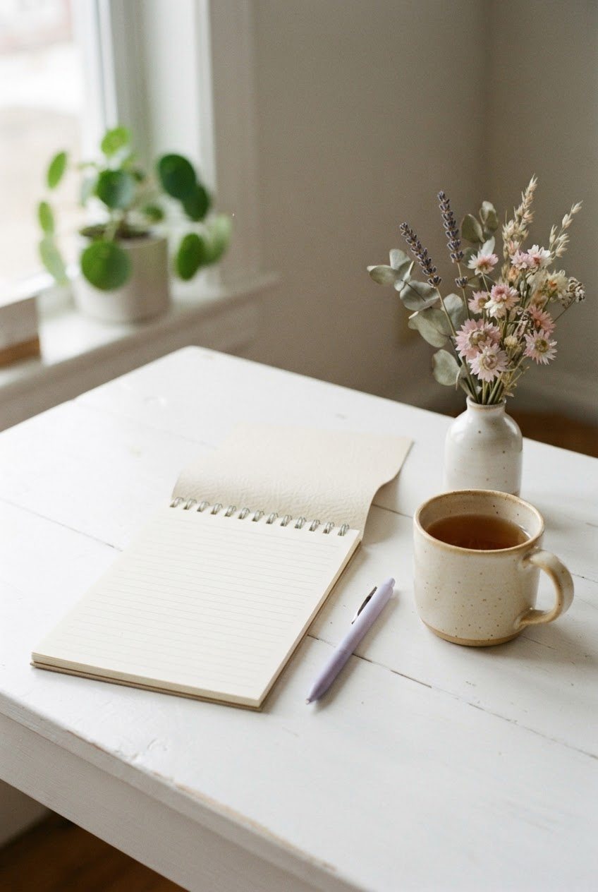 Lined cream notepad, a lavender pen and a mug of tea beside a small vase of dried flowers on a white desk