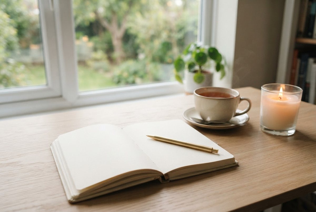 Open cream journal, a gold pen, a cup of tea and a glass candle on a light wooden desk by a window in soft morning light