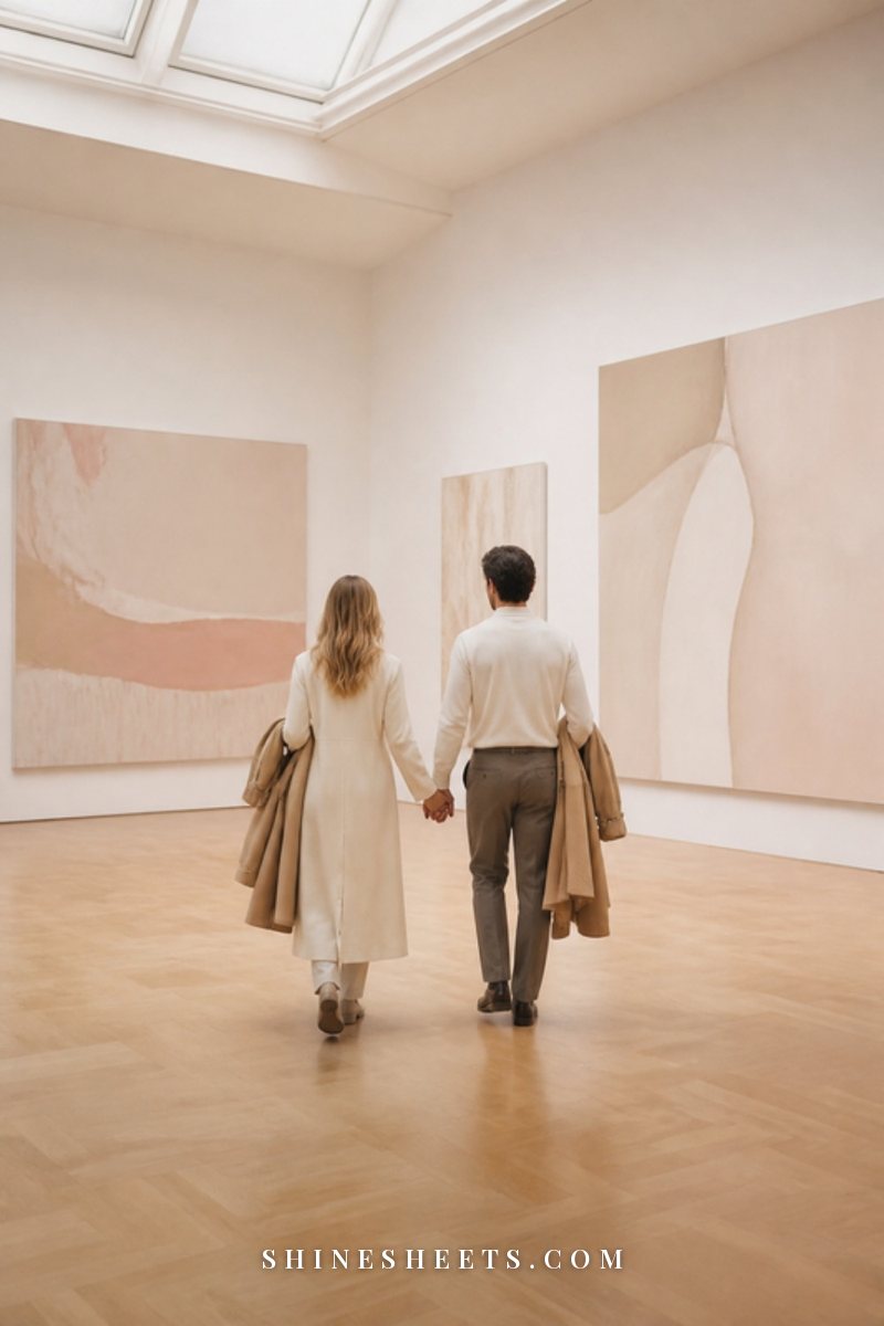 A couple seen from behind holding hands in a bright art museum gallery with large paintings and soft daylight
