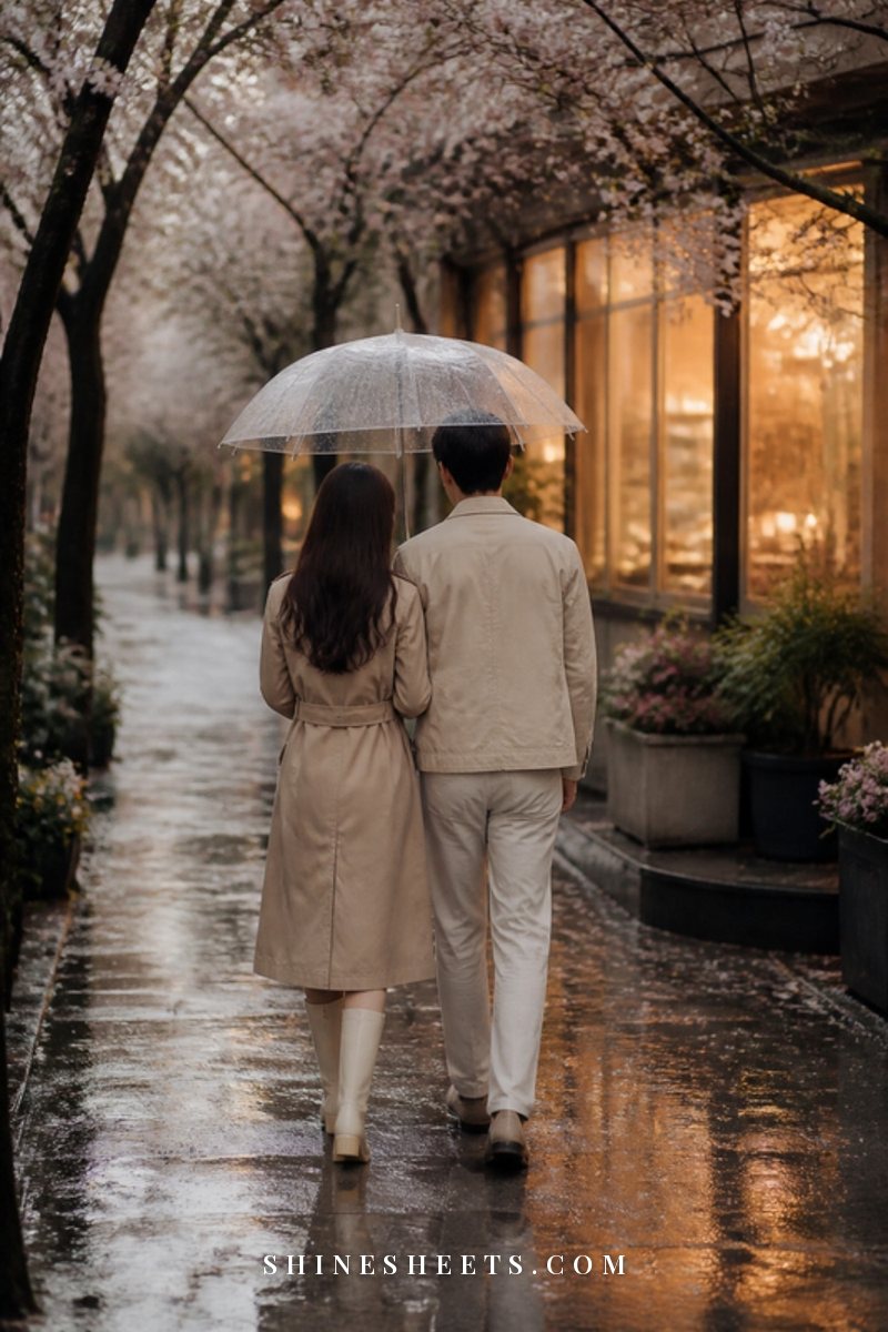 A couple seen from behind walking under one clear umbrella on a rainy tree-lined street with soft golden light