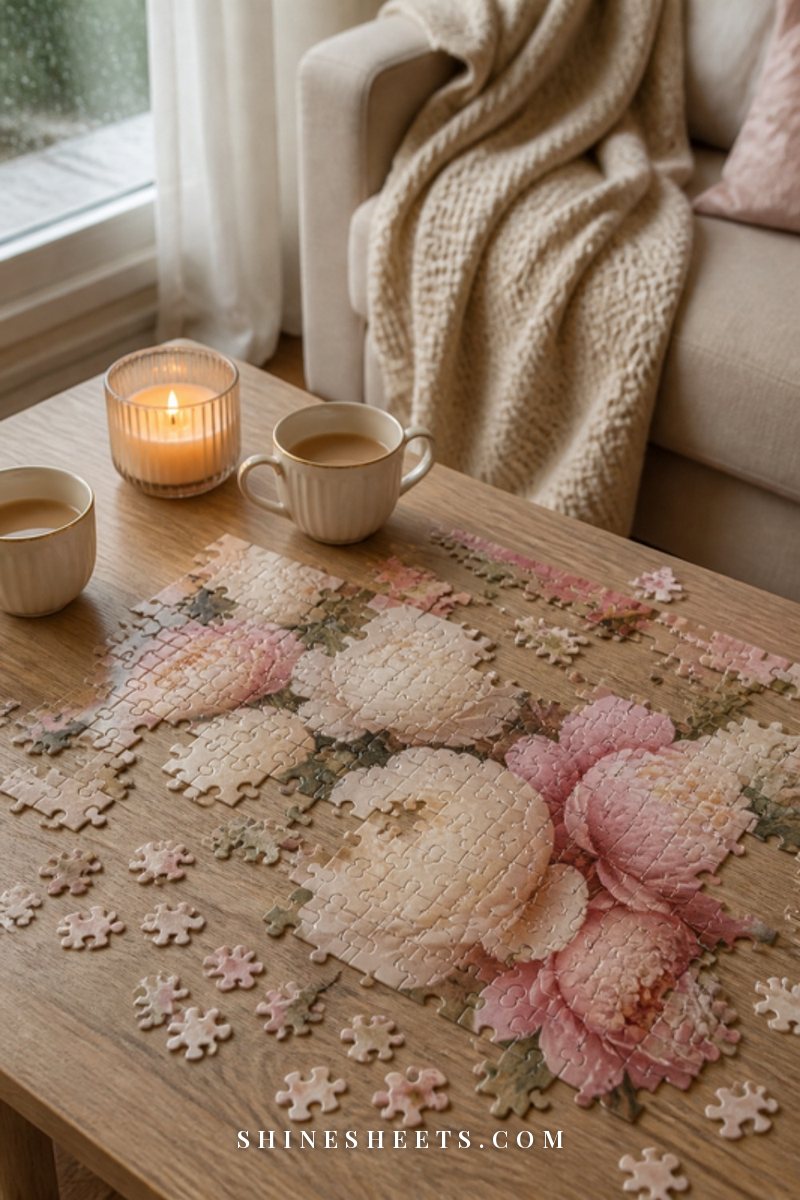 A half-finished floral jigsaw puzzle on a wooden coffee table with two cups of tea and a glass candle